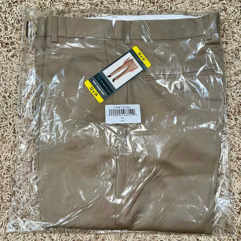 JB Britches Men's Wool Blend Flat Front Dress Pants Tan, Size 32x34 (New)